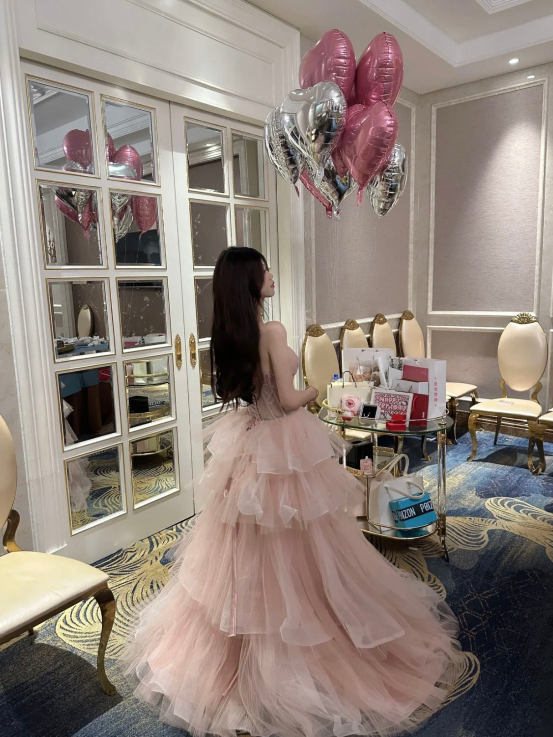 Cute Pink Strapless Cinched-Waist Birthday Dress Mesh Cake Layered Prom Dress AP0748