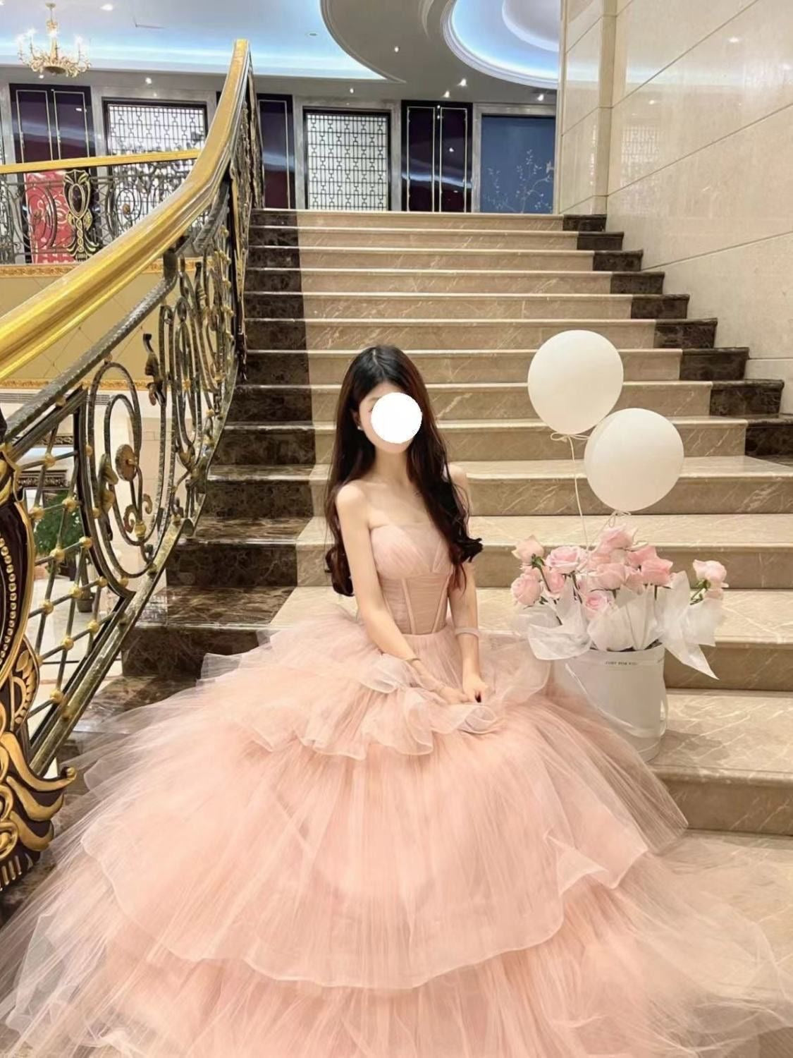 Cute Pink Strapless Cinched-Waist Birthday Dress Mesh Cake Layered Prom Dress AP0748