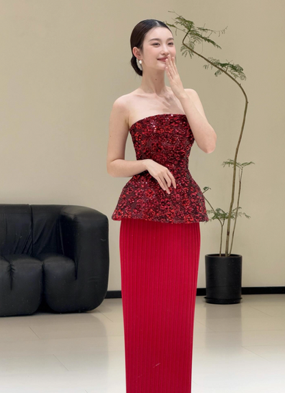 Vibrant Red Strapless Cinched-Waist Mermaid Dress Novelty Sequins Sparkling Prom Dress AP0751