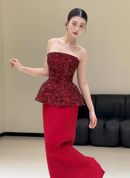 Vibrant Red Strapless Cinched-Waist Mermaid Dress Novelty Sequins Sparkling Prom Dress AP0751