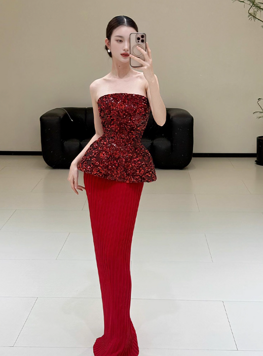 Vibrant Red Strapless Cinched-Waist Mermaid Dress Novelty Sequins Sparkling Prom Dress AP0751