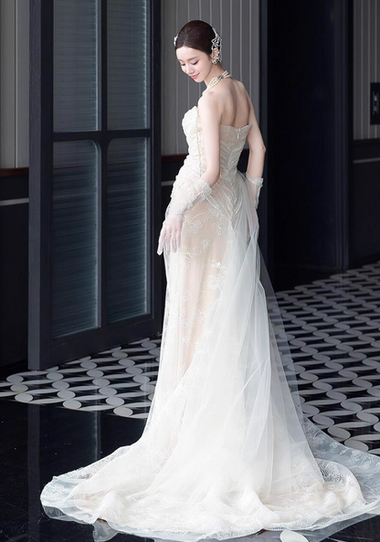 Fairy Tale Strapless Beading Cinched-Waist Halter Dress Textured Tulle Layered Prom Dress AP0753