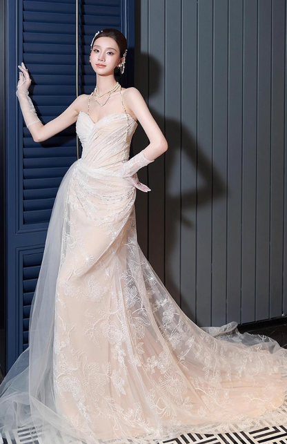 Fairy Tale Strapless Beading Cinched-Waist Halter Dress Textured Tulle Layered Prom Dress AP0753