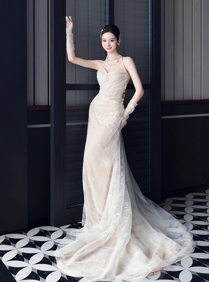 Fairy Tale Strapless Beading Cinched-Waist Halter Dress Textured Tulle Layered Prom Dress AP0753