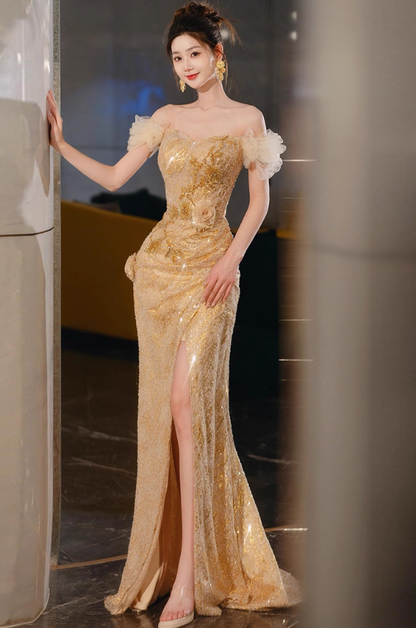 Exquisite Strapless Off-Shoulder Sequins Cinched-Waist Mermaid Dress High-Slit Prom Dress AP0754