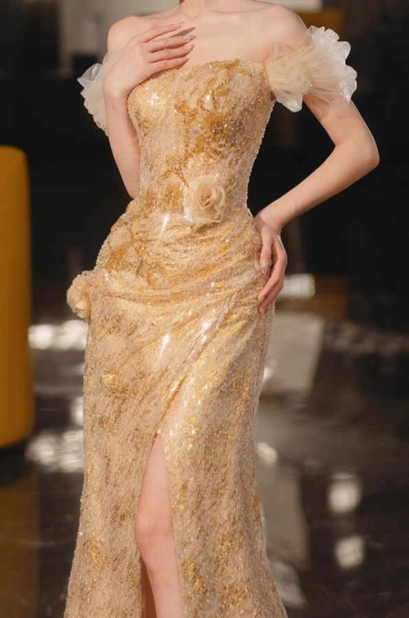 Exquisite Strapless Off-Shoulder Sequins Cinched-Waist Mermaid Dress High-Slit Prom Dress AP0754