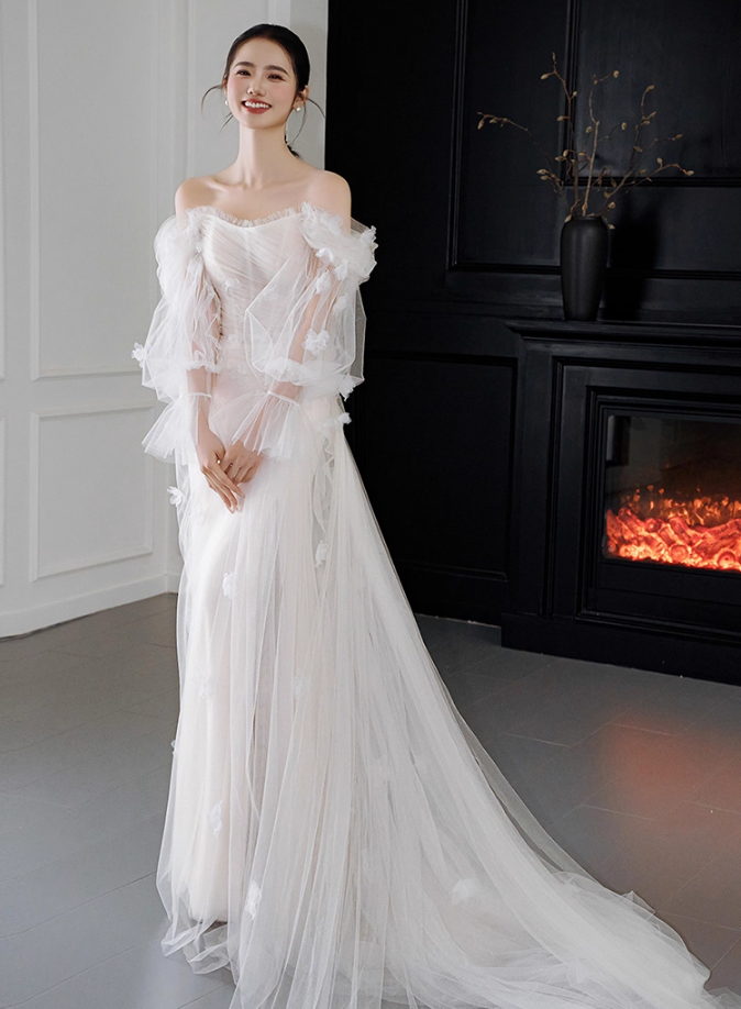 Romantic Strapless Off-Shoulder Maxi Dress 3D Organza Petal Mesh Ruffles Sleeve Prom Dress AP0755