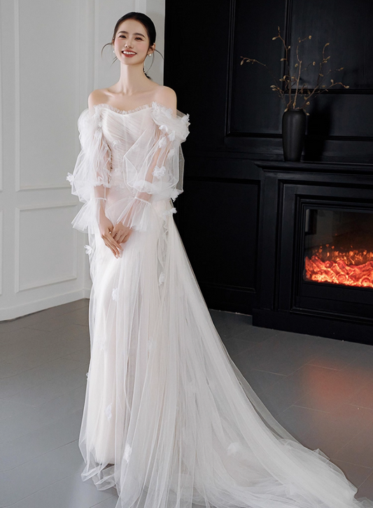 Romantic Strapless Off-Shoulder Maxi Dress 3D Organza Petal Mesh Ruffles Sleeve Prom Dress AP0755