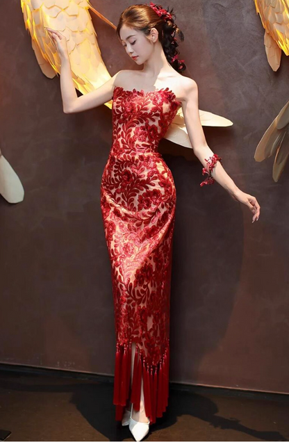 Oriental Red Strapless Cinched-Waist Mermaid Dress Lace 3D Petal Tassel Hem Prom Dress AP0756