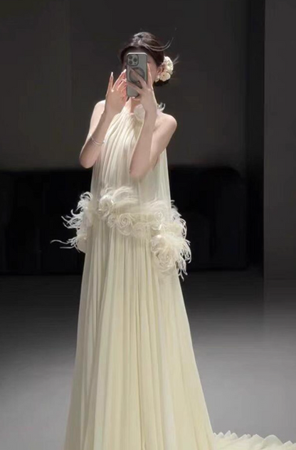 Flowy Loose Style Soft Fabric Maxi Dress 3D Petal Feather Floor-length Prom Dress AP0757