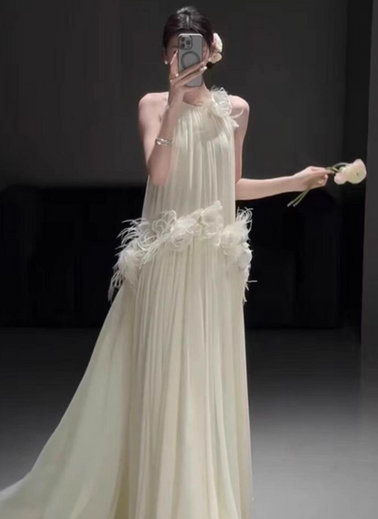 Flowy Loose Style Soft Fabric Maxi Dress 3D Petal Feather Floor-length Prom Dress AP0757