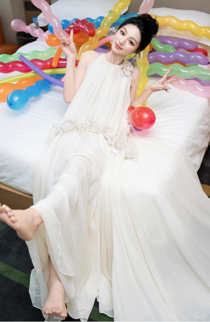 Flowy Loose Style Soft Fabric Maxi Dress 3D Petal Feather Floor-length Prom Dress AP0757