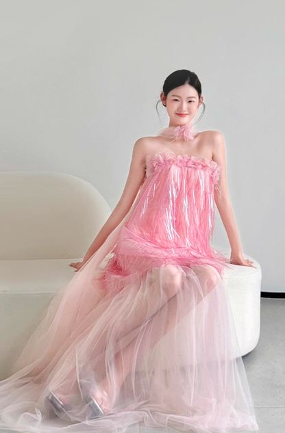 Enchanting Sequin-Fringed Strapless Maxi Dress Shimmering Tassel Sheer Tulle Bottom Prom Dress AP0758