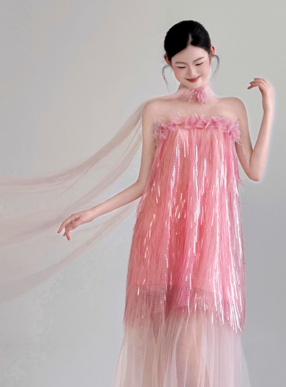 Enchanting Sequin-Fringed Strapless Maxi Dress Shimmering Tassel Sheer Tulle Bottom Prom Dress AP0758