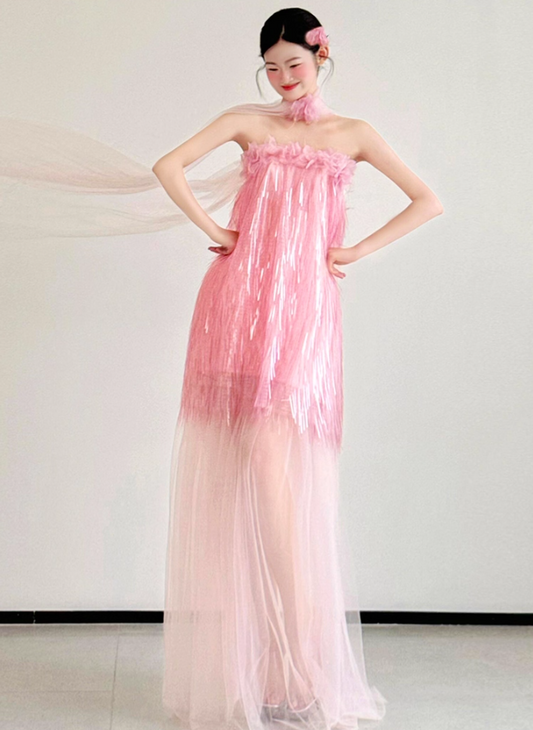 Enchanting Sequin-Fringed Strapless Maxi Dress Shimmering Tassel Sheer Tulle Bottom Prom Dress AP0758