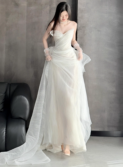 Enchanting French Strapless Engagement Dress Tassel Layered Sheer Tulle Wedding Dress AP0759