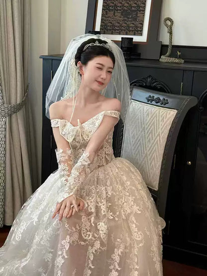 Charming French Off-Shoulder Engagement Dress Textured Tulle Layered Sheer Wedding Dress AP0760