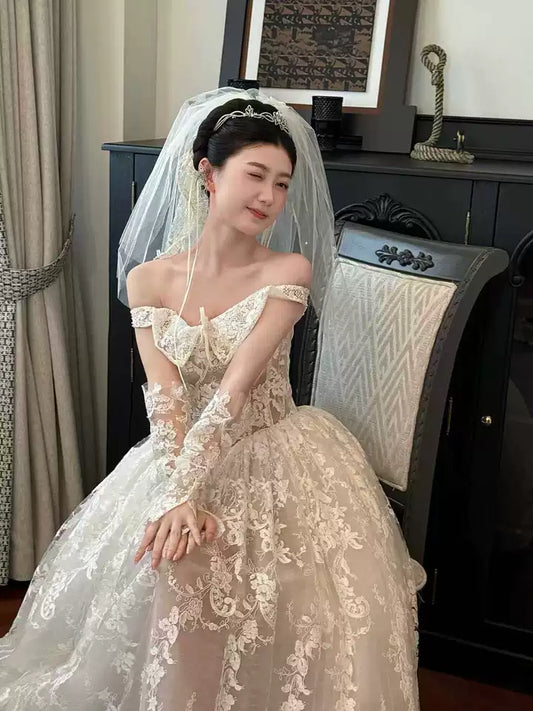 Charming French Off-Shoulder Engagement Dress Textured Tulle Layered Sheer Wedding Dress AP0760