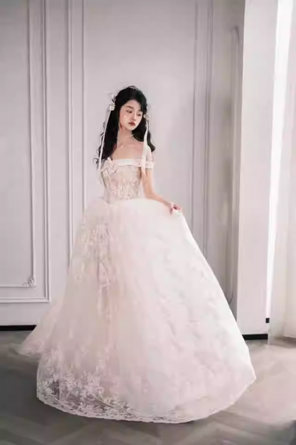 Charming French Off-Shoulder Engagement Dress Textured Tulle Layered Sheer Wedding Dress AP0760