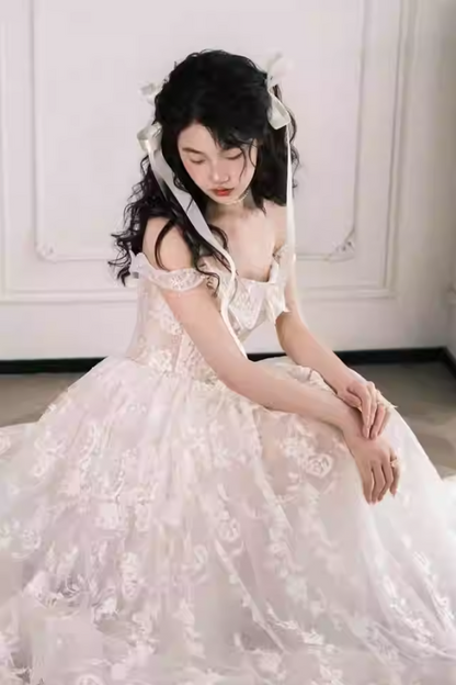 Charming French Off-Shoulder Engagement Dress Textured Tulle Layered Sheer Wedding Dress AP0760