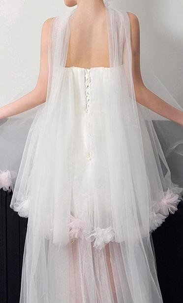 Enchanting Floral Hem Strapless White Tiered Gown Tulle Layered Prom Dress AP0762