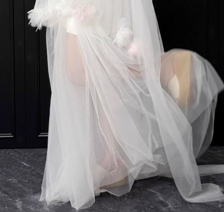 Enchanting Floral Hem Strapless White Tiered Gown Tulle Layered Prom Dress AP0762