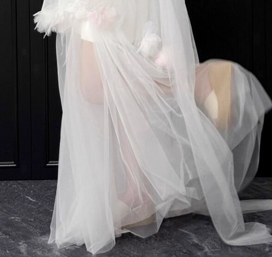 Enchanting Floral Hem Strapless White Tiered Gown Tulle Layered Prom Dress AP0762