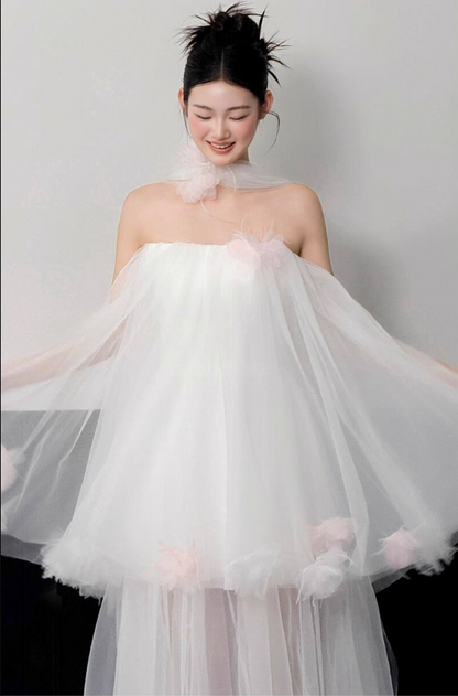 Enchanting Floral Hem Strapless White Tiered Gown Tulle Layered Prom Dress AP0762