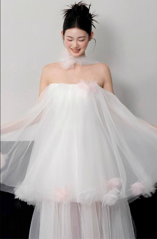 Enchanting Floral Hem Strapless White Tiered Gown Tulle Layered Prom Dress AP0762