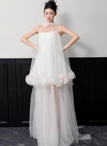 Enchanting Floral Hem Strapless White Tiered Gown Tulle Layered Prom Dress AP0762