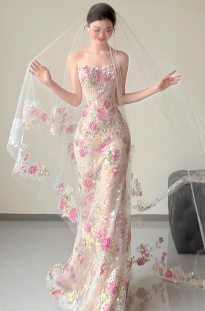Exquisite Beading Embroidered Tulle Layered Feast Gown Textured Floral Strapless Prom Dress AP0763