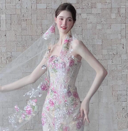 Exquisite Beading Embroidered Tulle Layered Feast Gown Textured Floral Strapless Prom Dress AP0763