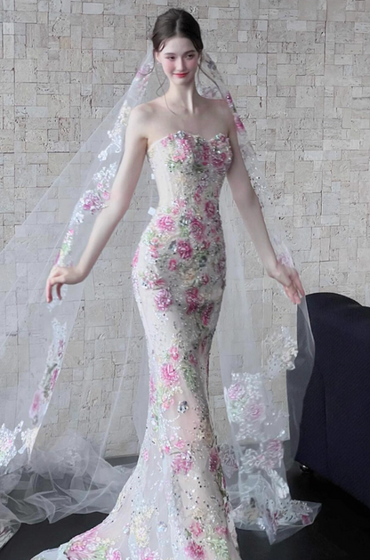Exquisite Beading Embroidered Tulle Layered Feast Gown Textured Floral Strapless Prom Dress AP0763