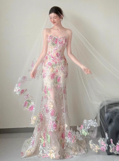 Exquisite Beading Embroidered Tulle Layered Feast Gown Textured Floral Strapless Prom Dress AP0763