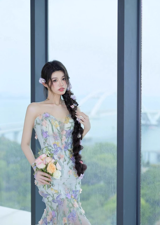 Charming Textured Floral Sweetheart Neck Mermaid Dress Beading Embroidered Tulle Layered Prom Dress AP0764