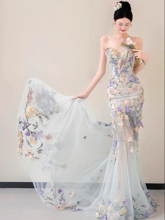 Charming Textured Floral Sweetheart Neck Mermaid Dress Beading Embroidered Tulle Layered Prom Dress AP0764