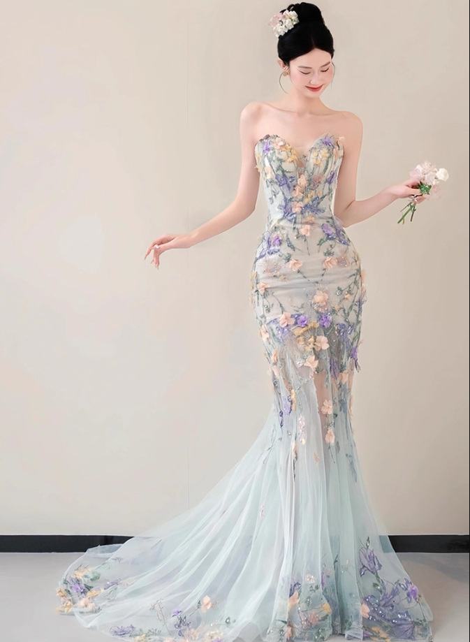 Charming Textured Floral Sweetheart Neck Mermaid Dress Beading Embroidered Tulle Layered Prom Dress AP0764