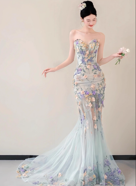 Charming Textured Floral Sweetheart Neck Mermaid Dress Beading Embroidered Tulle Layered Prom Dress AP0764