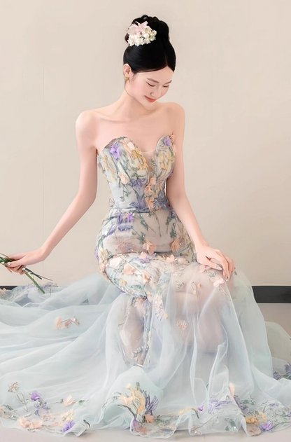 Charming Textured Floral Sweetheart Neck Mermaid Dress Beading Embroidered Tulle Layered Prom Dress AP0764