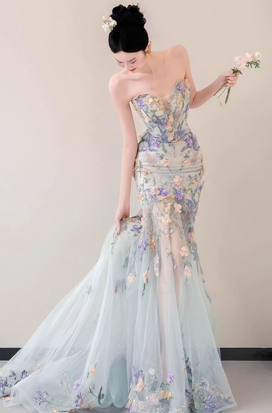 Charming Textured Floral Sweetheart Neck Mermaid Dress Beading Embroidered Tulle Layered Prom Dress AP0764