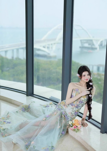 Charming Textured Floral Sweetheart Neck Mermaid Dress Beading Embroidered Tulle Layered Prom Dress AP0764