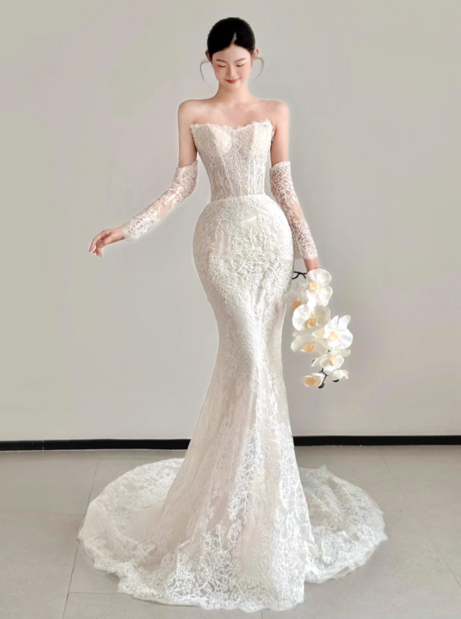 Elegant Textured Floral Material Mermaid Dress Simple Embellishment Breathable Wedding Dress AP0765