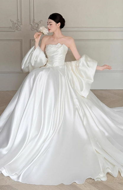 Vintage Satin Fabric Soft Material Maxi Dress Simple Embellishment Lustrous Wedding Dress AP0766