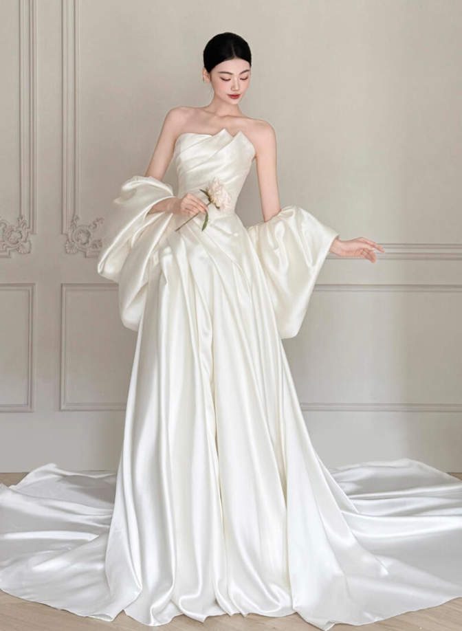 Vintage Satin Fabric Soft Material Maxi Dress Simple Embellishment Lustrous Wedding Dress AP0766