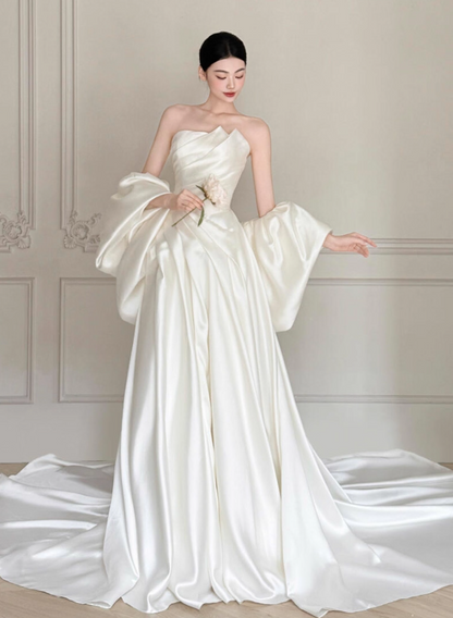 Vintage Satin Fabric Soft Material Maxi Dress Simple Embellishment Lustrous Wedding Dress AP0766