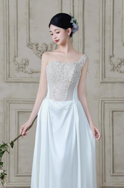 Graceful Beading One Shoulder White Evening Dress Strapless Satin Splicing Prom Dress AP0767