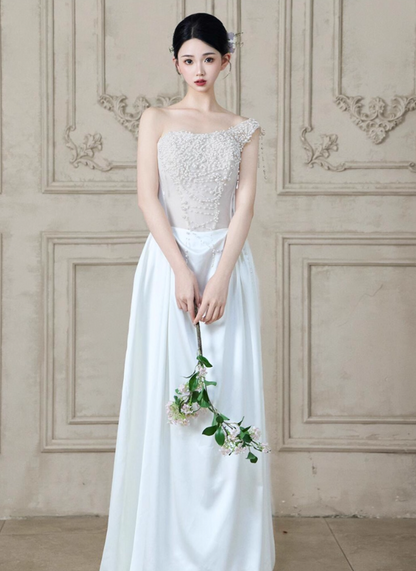 Graceful Beading One Shoulder White Evening Dress Strapless Satin Splicing Prom Dress AP0767