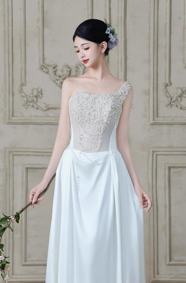 Graceful Beading One Shoulder White Evening Dress Strapless Satin Splicing Prom Dress AP0767