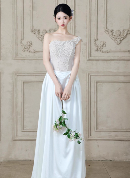 Graceful Beading One Shoulder White Evening Dress Strapless Satin Splicing Prom Dress AP0767