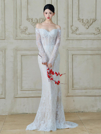 Unique Long Lace Sleeve Breathable Backless Evening Dress Stylish Off-Shoulder Mermaid Prom Dress AP0768